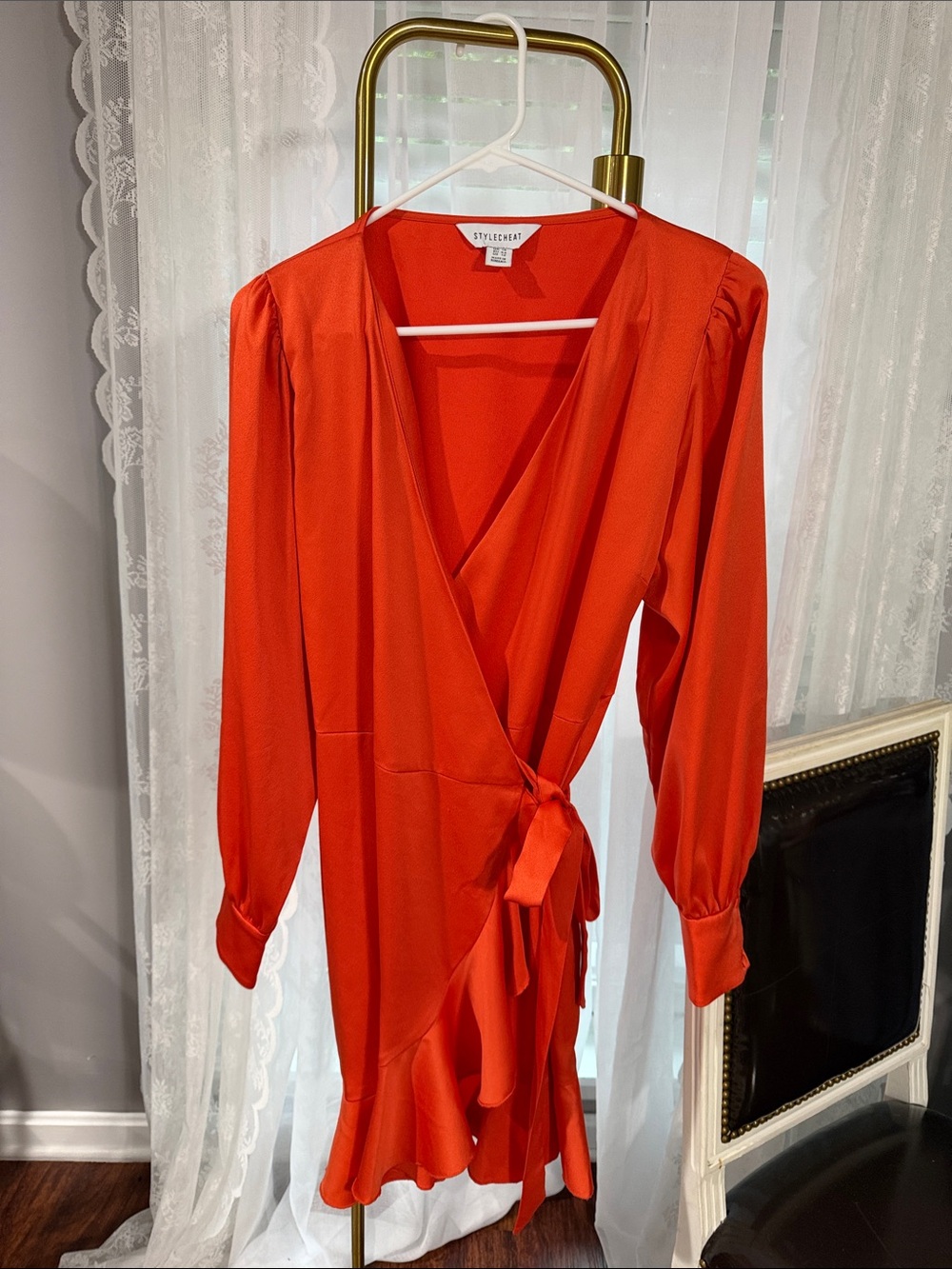 Stylecheat Orange Long-Sleeve Wrap Dress with Ruffle Hem